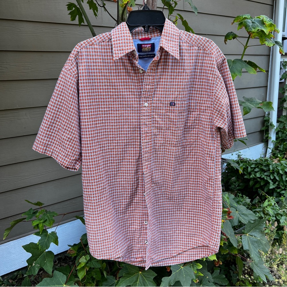 Wrangler Jeans Cotton Autumn Orange Plaid Short Sleeve Button Up Shirt Size SM